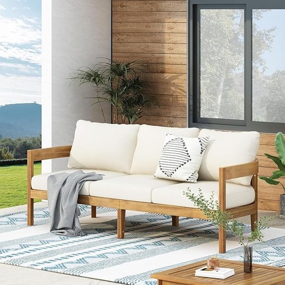76 5 inch acacia sofa with beige cushions
