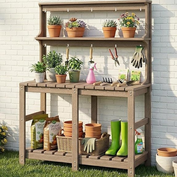 outdoor potting bench with hooks