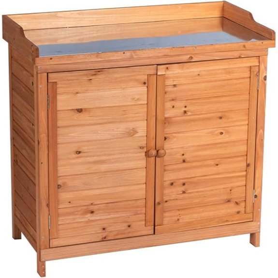 outdoor wooden storage cabinet with potting bench