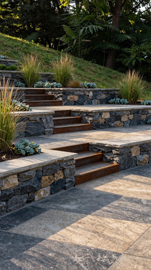 tiered paver patios on slope