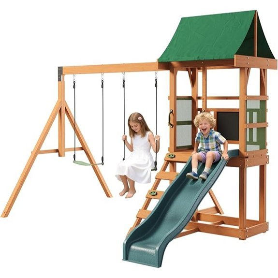 wooden swing set with slide rock wall swings