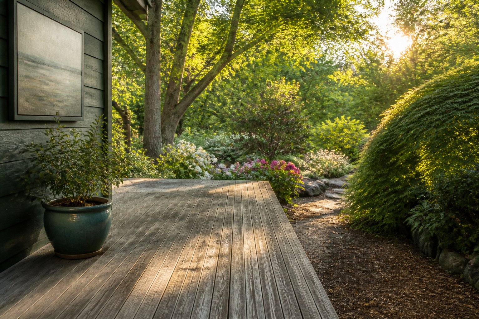 A modern deck with greenery and furniture in a backyard setting.