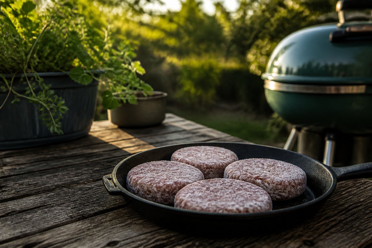 A grill with frozen burger patties cooking at medium heat.