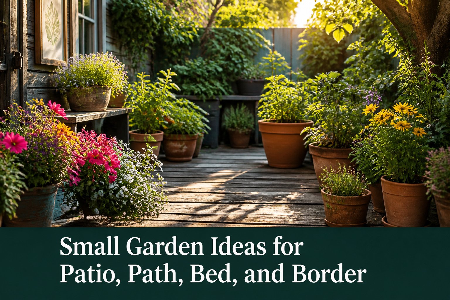 A small garden featuring flowers and edible plants in various containers.