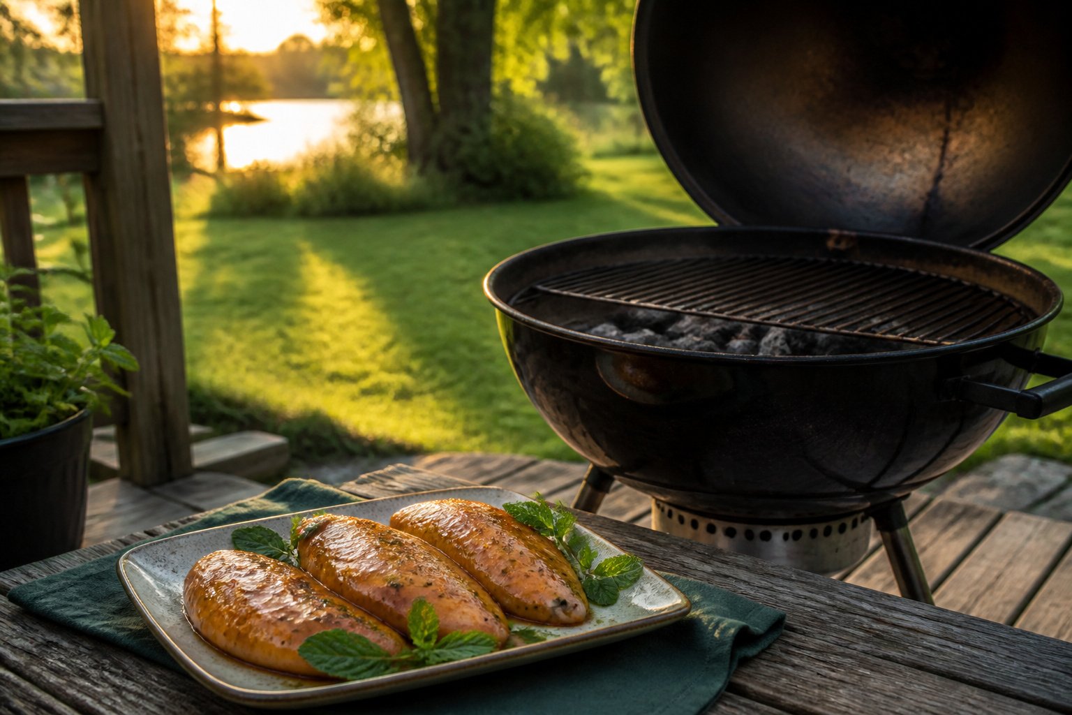 A grilled chicken breast on a wooden cutting board with herbs and salt.