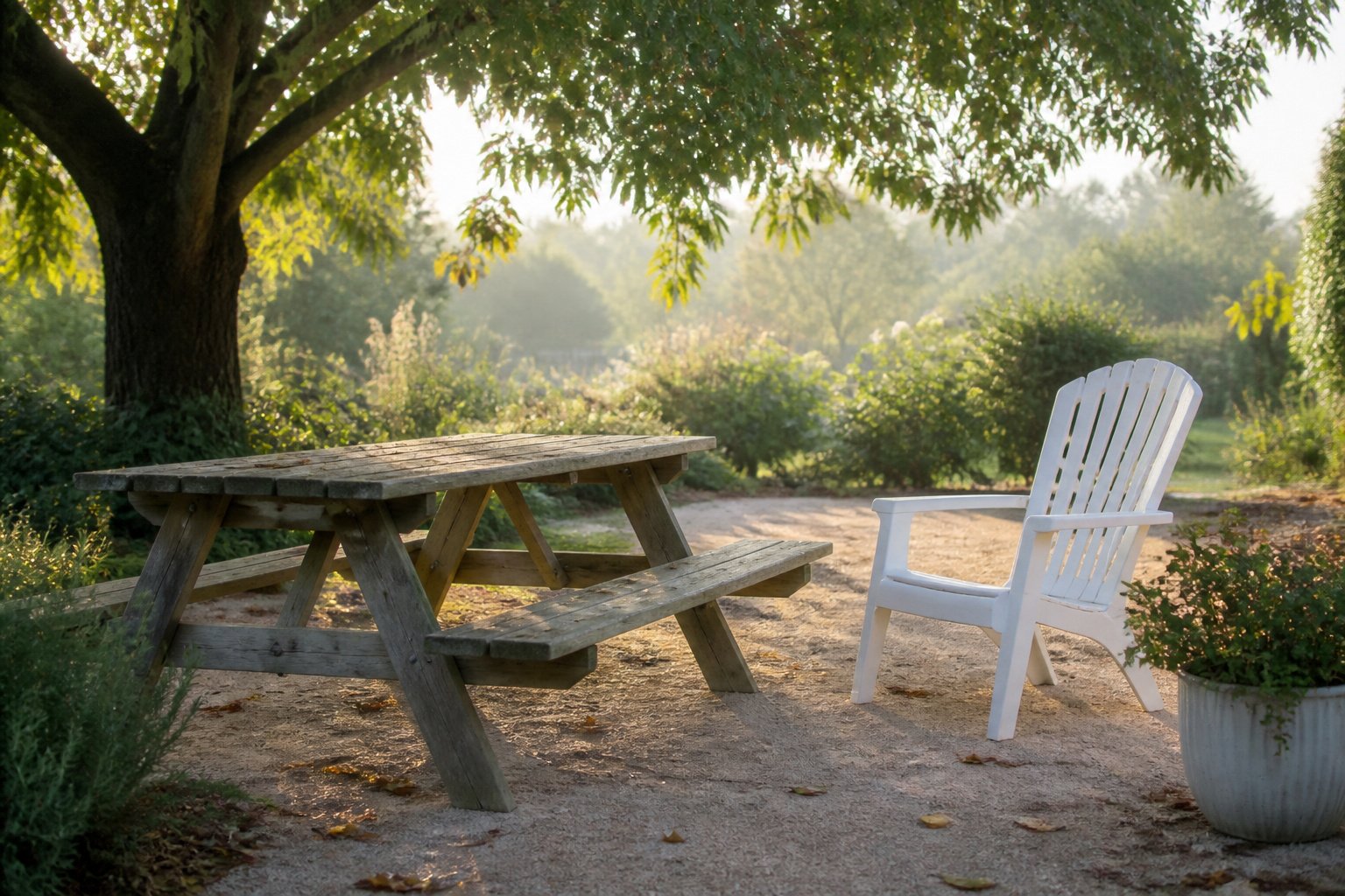 Colorful outdoor furniture set against a garden backdrop with cleaning supplies.