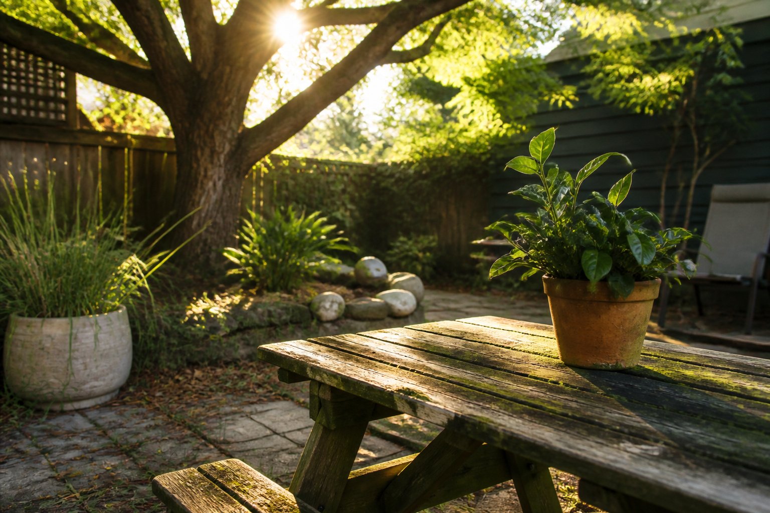 A clean backyard scene with a garden waste bag and a tidy grill.