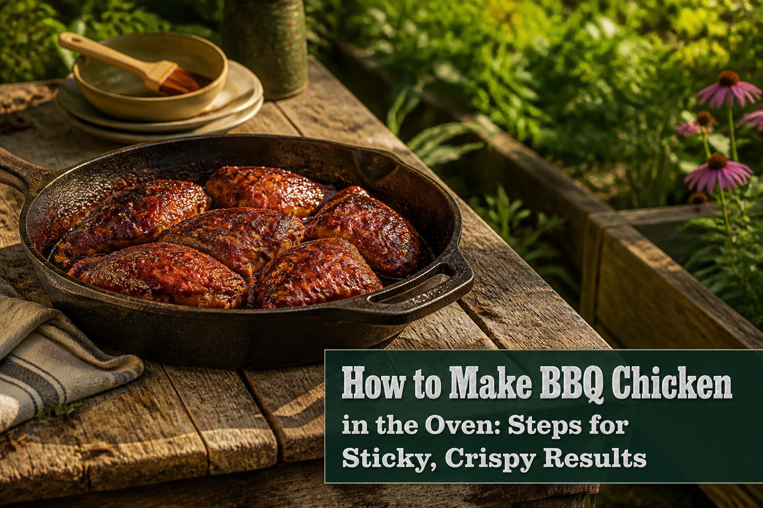 Oven-baked BBQ chicken pieces coated in sauce on a baking sheet.