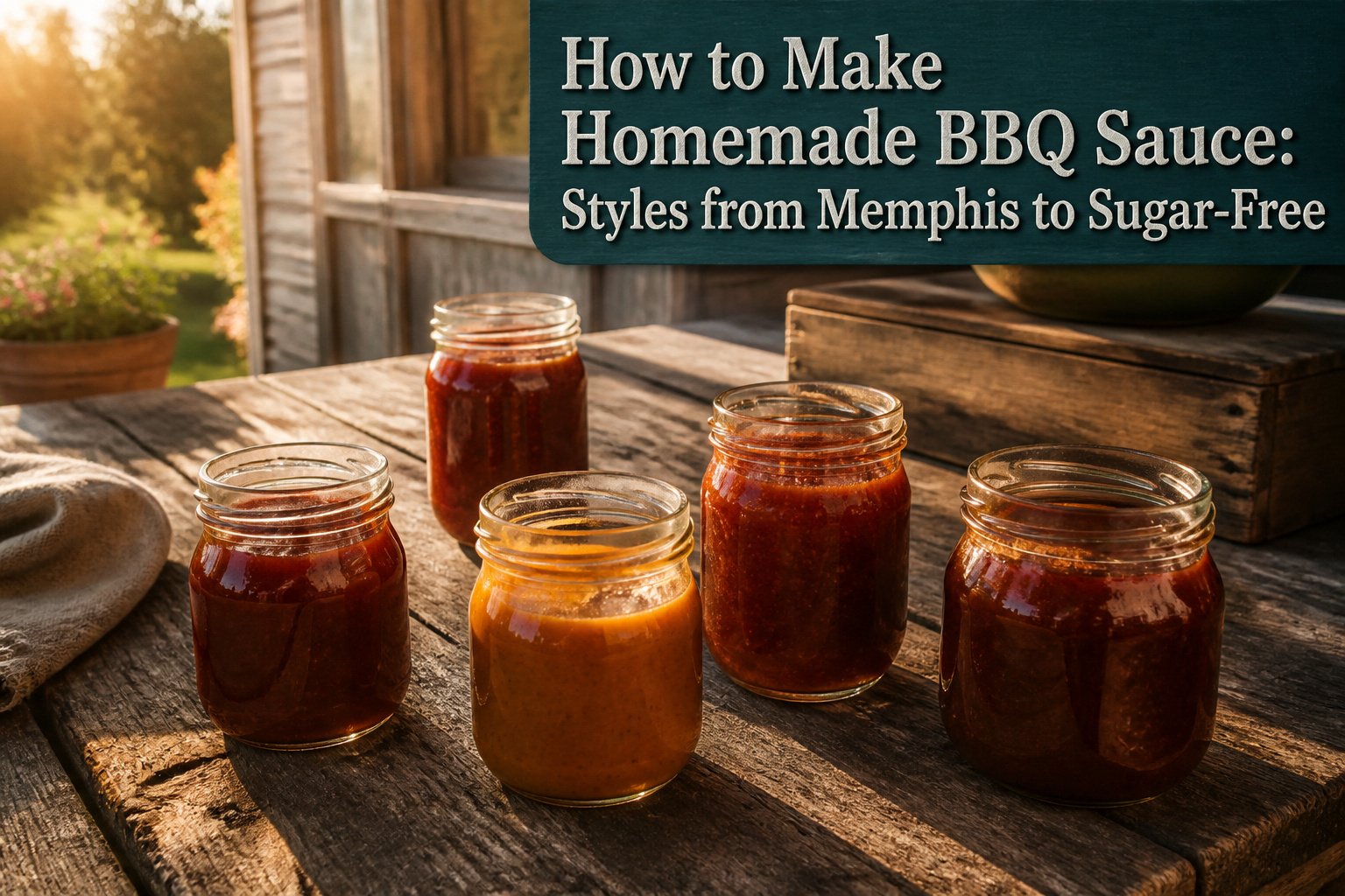 Various jars of homemade BBQ sauce displayed on a table.