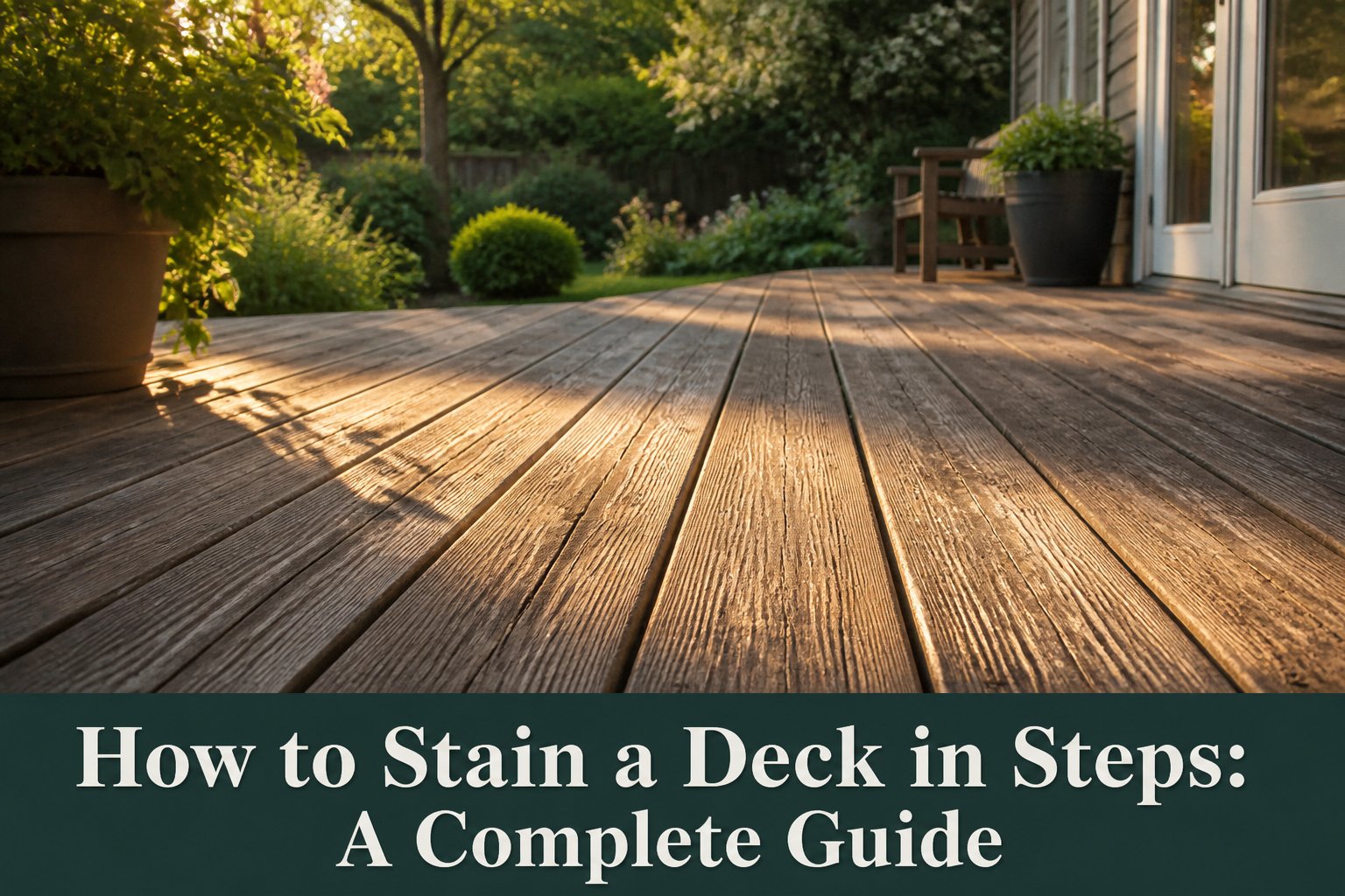 A freshly stained wooden deck with a smooth finish in sunlight.