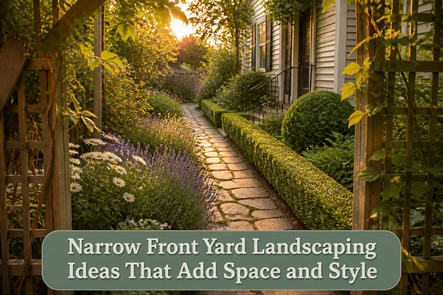 Narrow front yard with layered planting and a clean path to the door.
