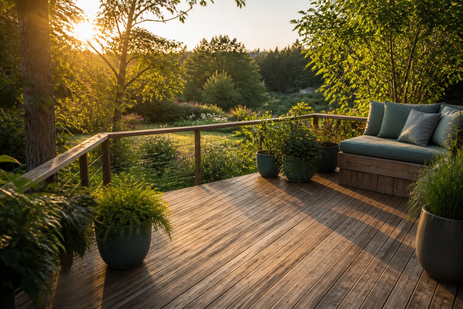 An outdoor deck featuring various design elements and furniture.