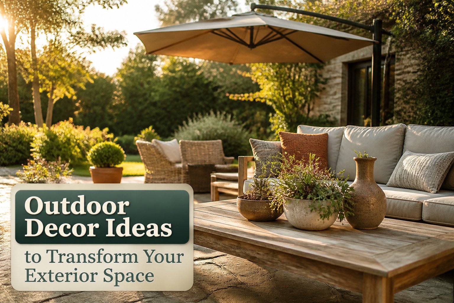 A beautifully decorated outdoor space with furniture and greenery.