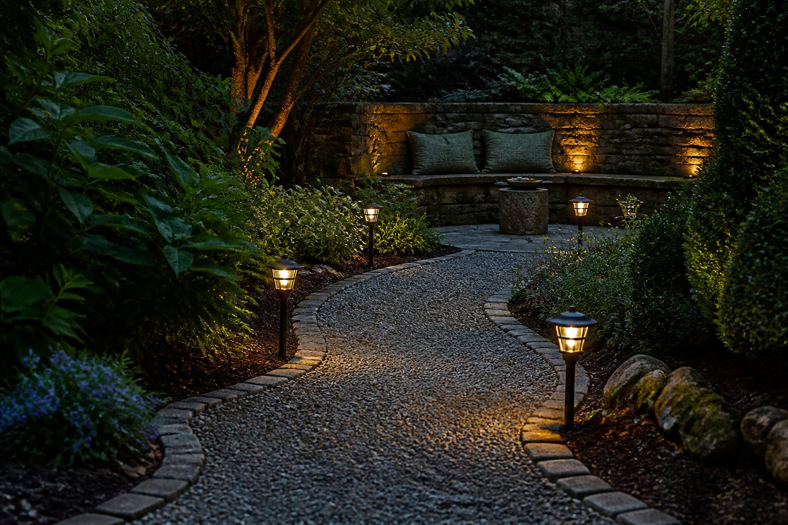 An illuminated yard featuring multiple outdoor lighting fixtures and ideas.