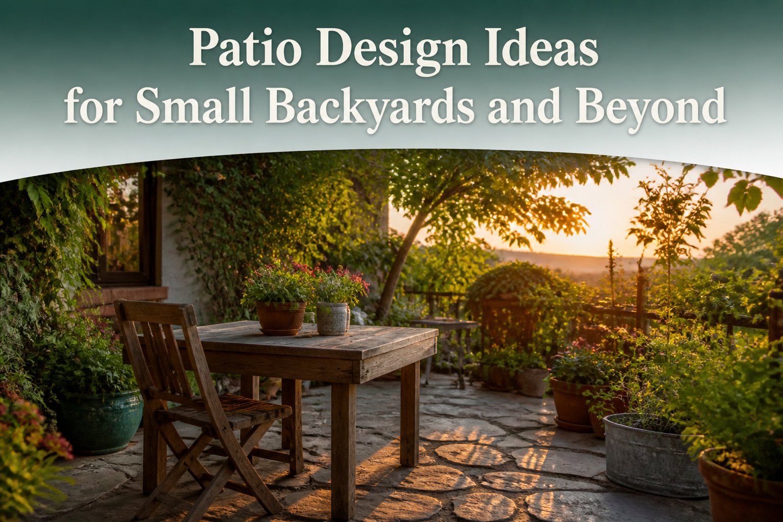 A collection of various patio designs featuring furniture and landscaping.