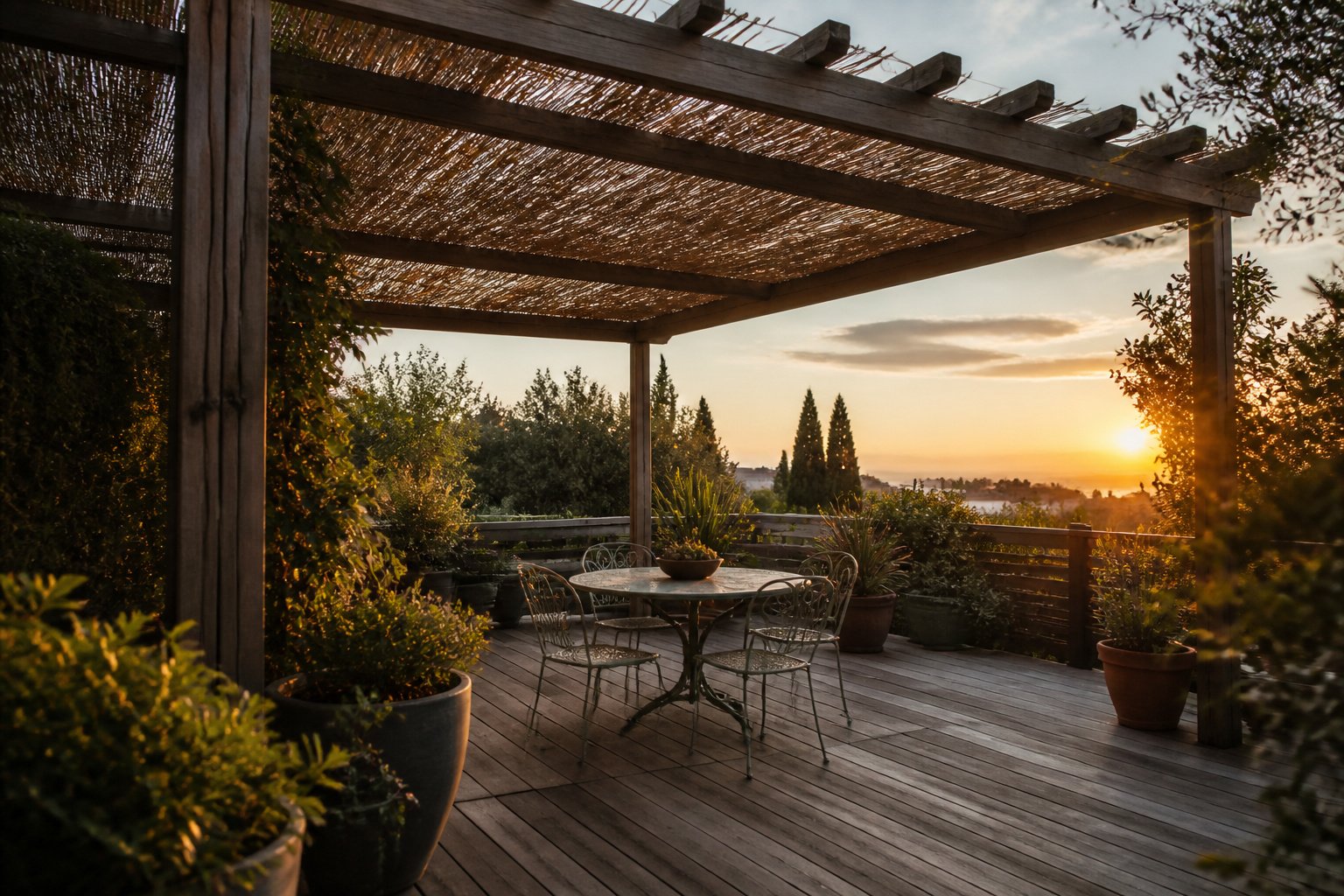 An outdoor area with multiple shade structures including awnings, umbrellas, and trees.