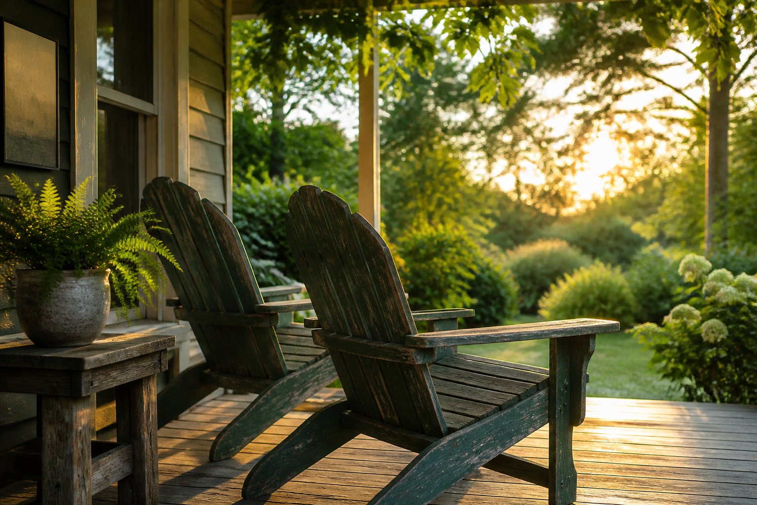 Porch with various furniture pieces, including chairs and textiles.