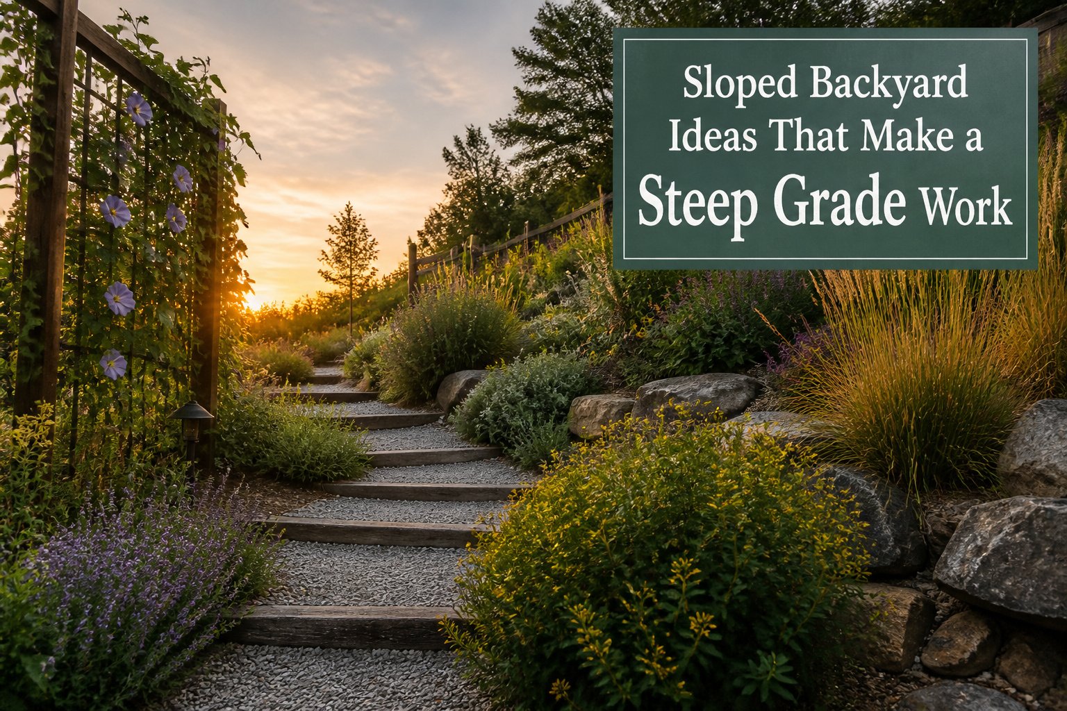 A sloped backyard featuring various landscaping elements and structures.